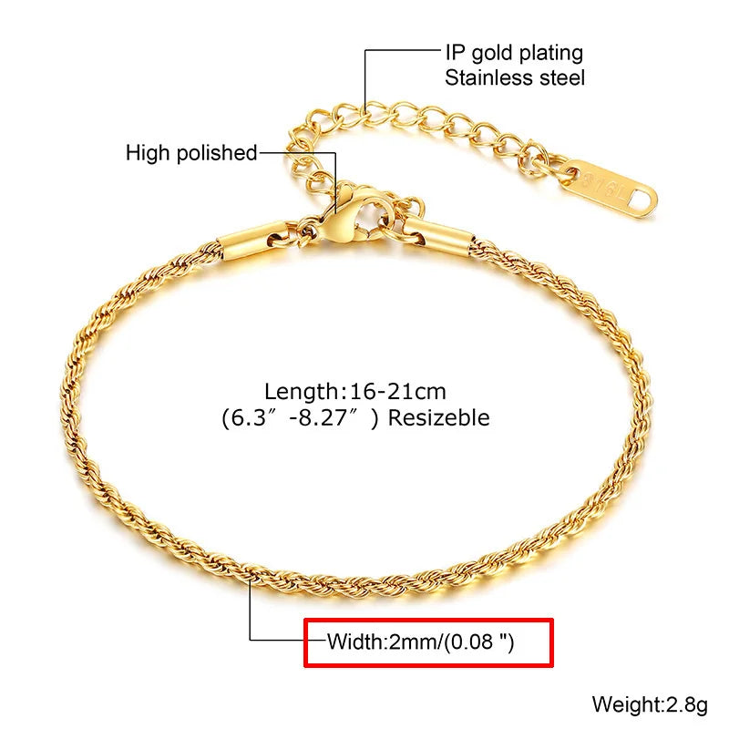 Thin Link Women Bracelet, Stainless Steel 18K Gold Plated Wrist Chain Waterproof Resistant Jewelry